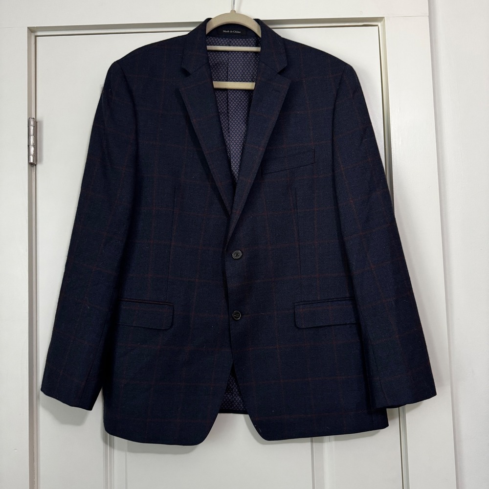 Austin Reed 42R Wool Blend Navy Blue Check Window Pane Blazer Jacket